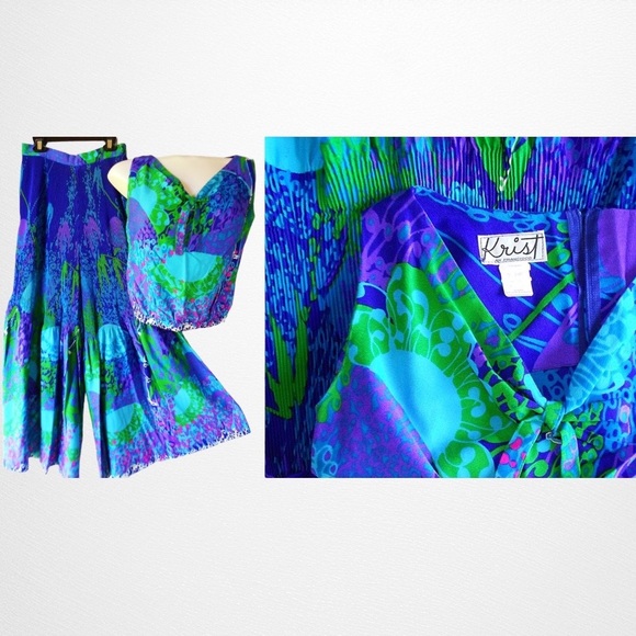 Spectacular Vintage 60s 70s Blue Psychedelic Blouse & Bell Bottom Pants Set 2pc - Picture 4 of 5